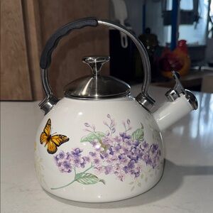 Lenox Buttefly Meadow Kettle with Purple Floral and Yellow Butterfly Design
